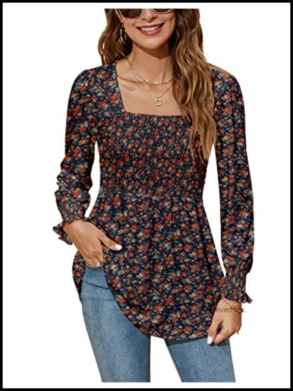 Puff Long Sleeve Square Neck Smocked Tunic Top Casual Blouse